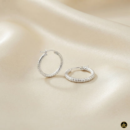925 Silver Snake Chain Pattern Ribbed Textured Diamond Cut 19mm Hoop Earrings