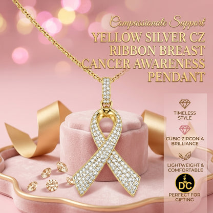 DiamondCelebritees 925 Silver Yellow Clear 0.50ct CZ Hope Ribbon Pendant for Breast Cancer Support