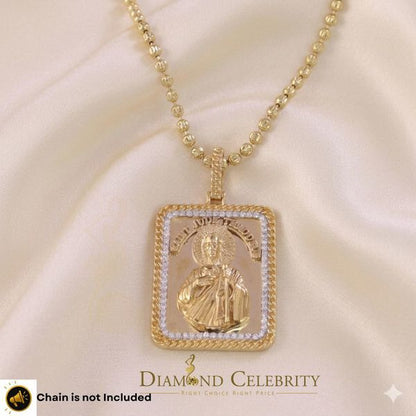 DiamondCelebritees Men's 925 San Judas Silver 0.66ct CZ Square 1.00 inch SAINT JUDE Yellow Pendant