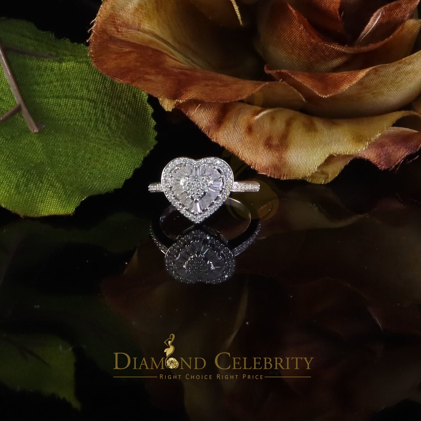 DiamondCelebritees Womens Heart 925 White Silver 1.00ct VVS 'D' Baguette Moissanite Ring Size 7