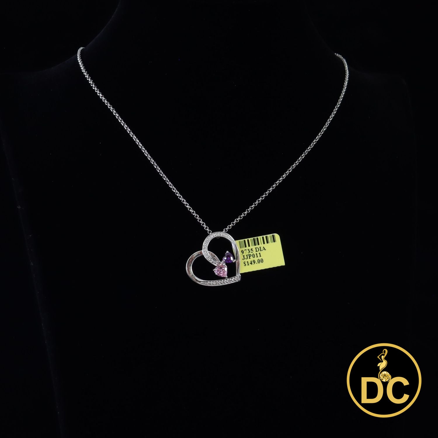 DiamondCelebritees  925 White Silver Double-Loop Open Heart W/Pink & Purple 0.01ct Diamond Pendant