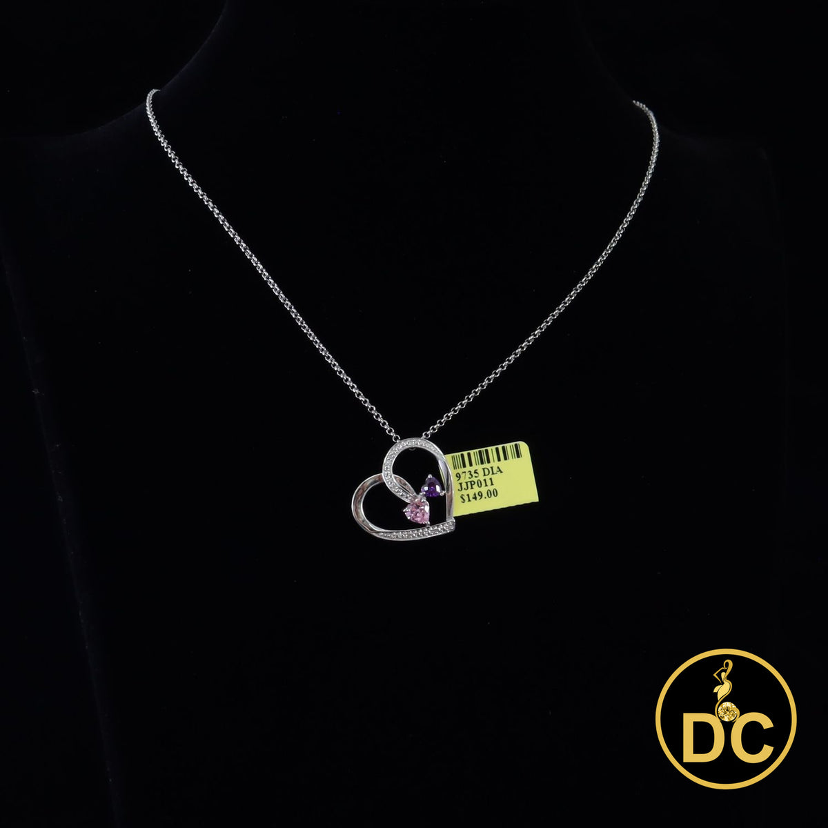 DiamondCelebritees  925 White Silver Double-Loop Open Heart W/Pink & Purple 0.01ct Diamond Pendant