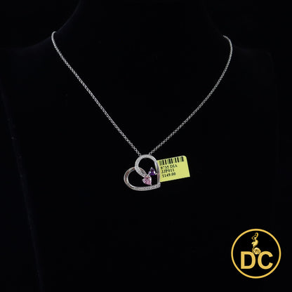 DiamondCelebritees  925 White Silver Double-Loop Open Heart W/Pink & Purple 0.01ct Diamond Pendant