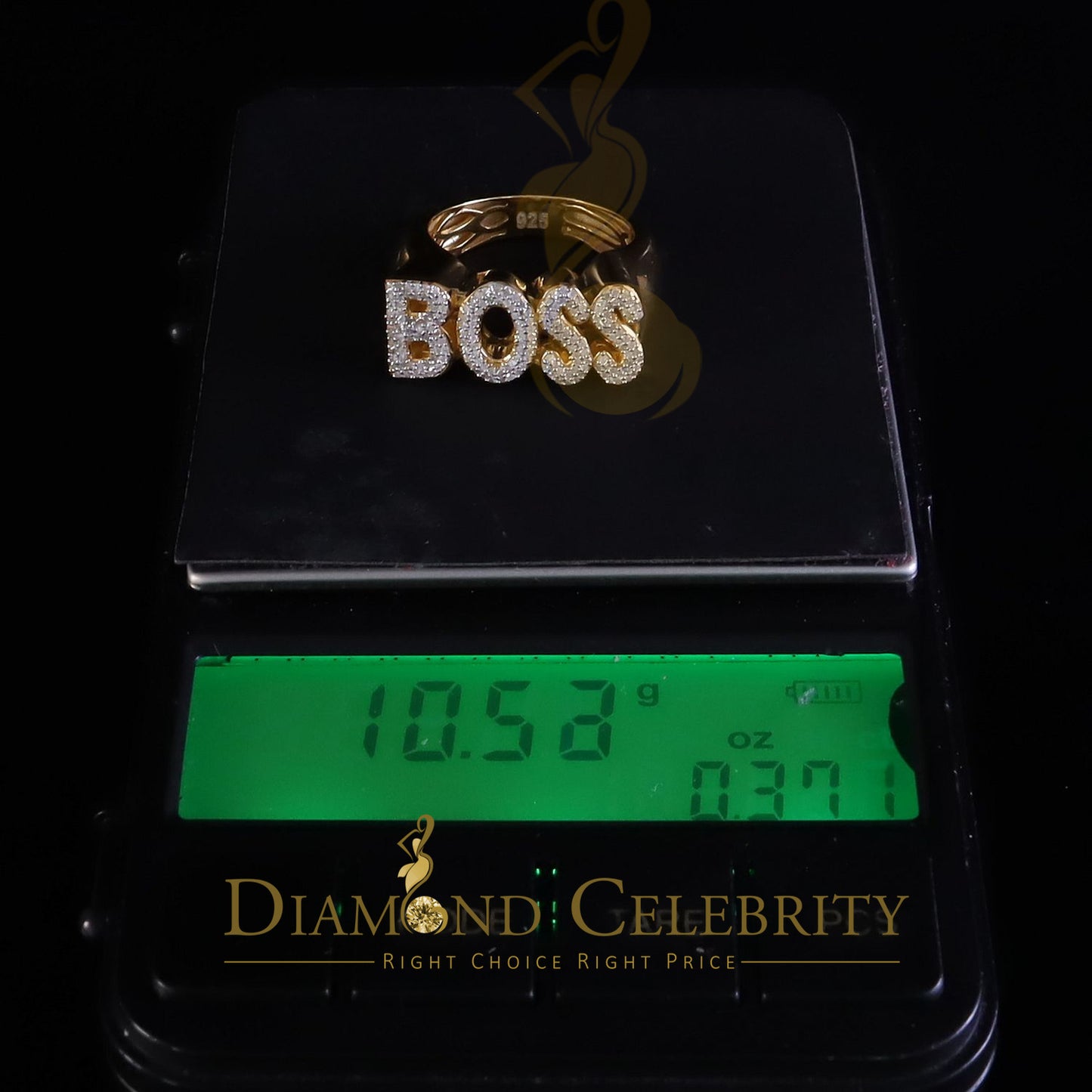 DiamondCelebritees Stylish "BOSS" 925 Silver Yellow 0.50ct Micro Real Diamond Men's Band Ring SZ 8