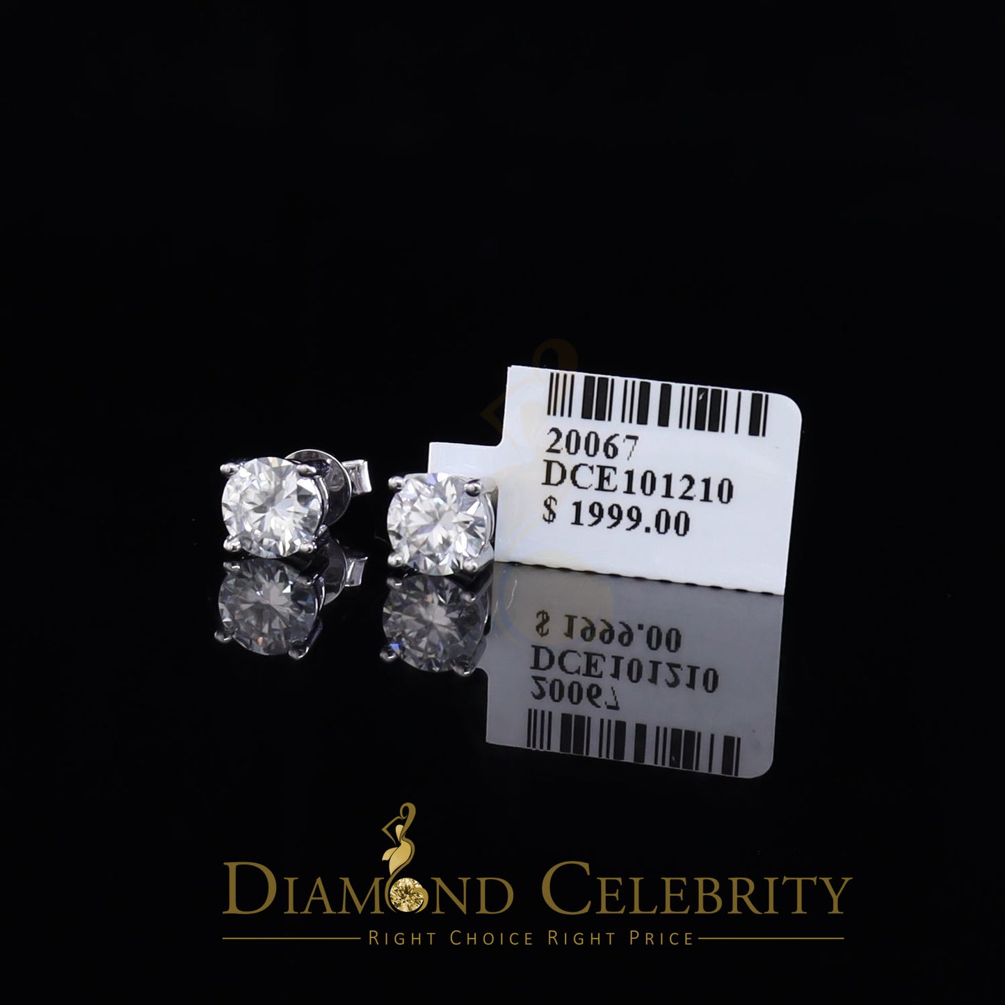 DiamondCelebritees 10K Real White Gold with 2.00ct Round VVS 'D' Color Moissanite Stud Earrings