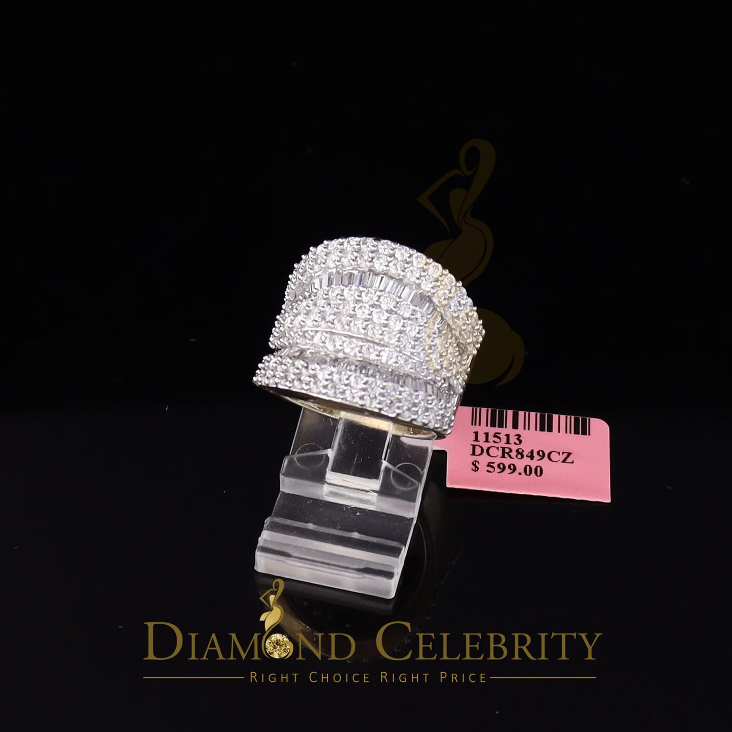 DiamondCelebritees 7.75ct Round/Baguette Cubic Zirconia Cocktail Yellow Sterling Silver Ring Size 7