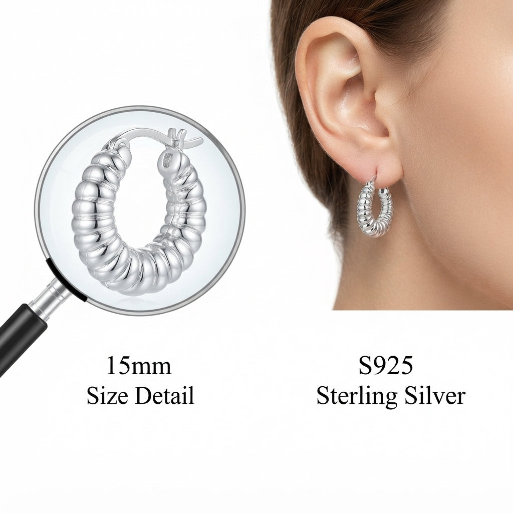 925 Silver Tubular Ribbed Round Croissant Shape Tubogas-Style 15mm Hoop Earrings