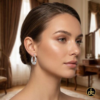 925 Silver Octagonal Shape W/Polished facets & textured dotted 16mm Hoop Earring