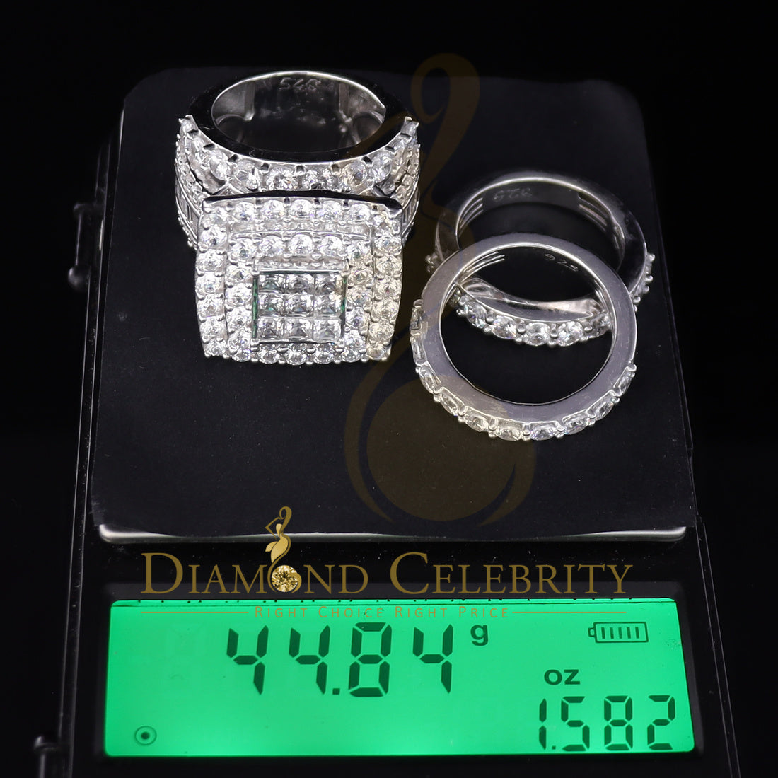 DiamondCelebritees 925 White Silver Square 22.41ct Cubic Zirconia Halo Trio Wedding Ring Size 9