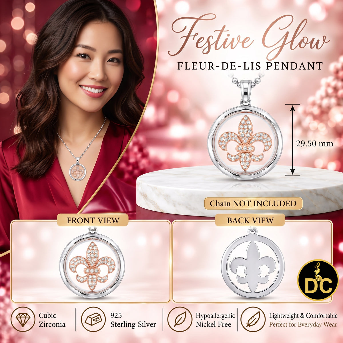 DiamondCelebritees 925 White Sterling Silver Fleur-de-Lis Floating Glass 1ct Cubic Zircon Pendant