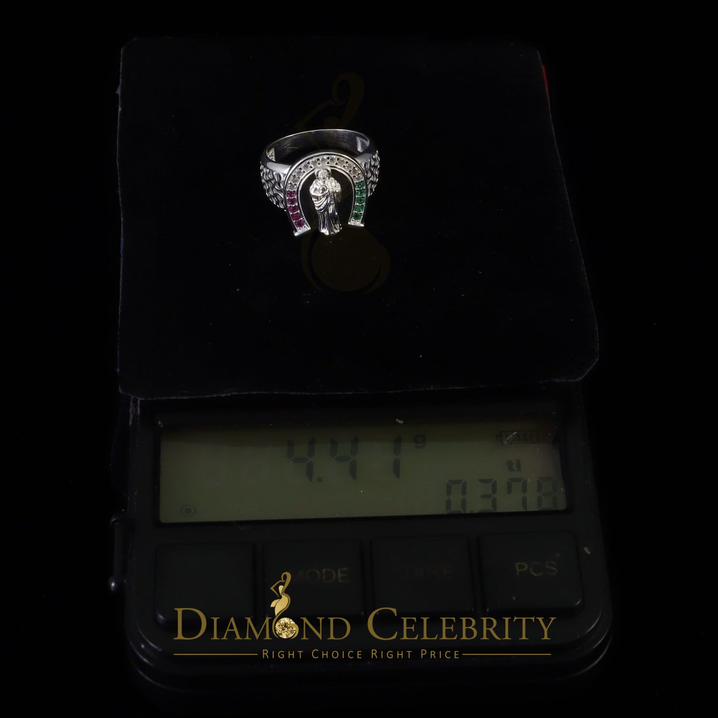 DiamondCelebritees White 925 Silver Saint Jude Thaddeus Pink & Green CZ Horse Shoe Women Ring SZ 6