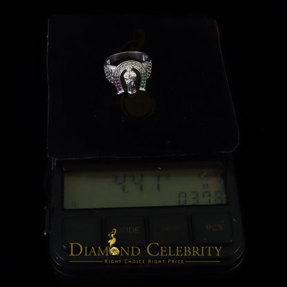 DiamondCelebritees White 925 Silver Saint Jude Thaddeus Pink & Green CZ Horse Shoe Women Ring SZ 6