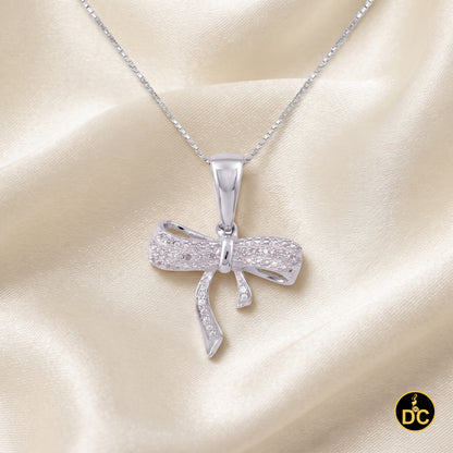 DiamondCelebritees  925 Sterling Silver Real 0.05CT Diamond Ribbon Bow White 18mm Necklace Pendant