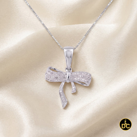 DiamondCelebritees  925 Sterling Silver Real 0.05CT Diamond Ribbon Bow White 18mm Necklace Pendant