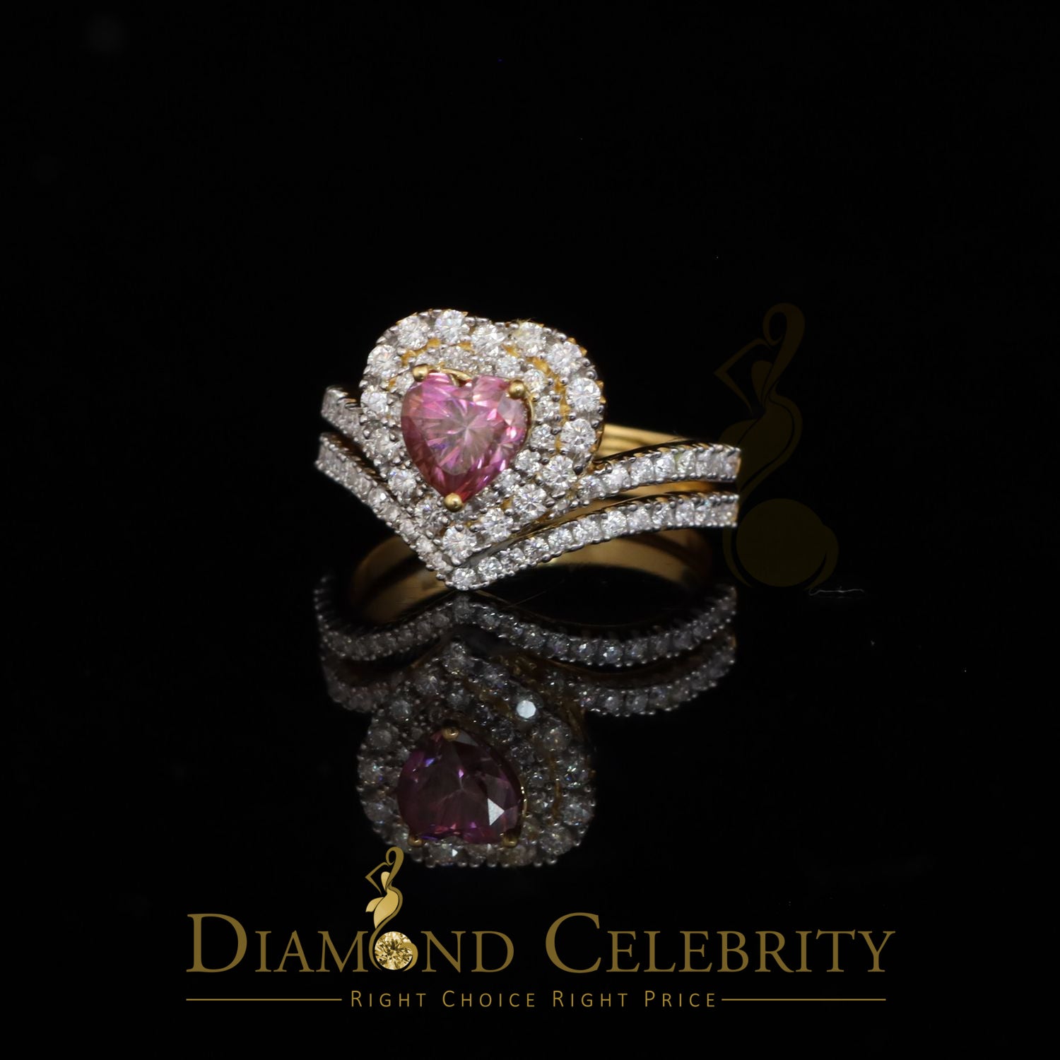 DiamondCelebritees Women's 925 Silver Yellow VVS 'D'1.66CT Pink Moissanite Heart Bridal Ring SZ 7