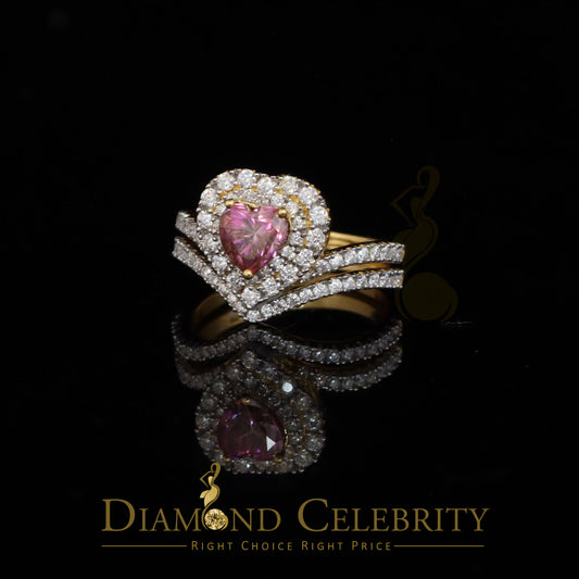 DiamondCelebritees Women's 925 Silver Yellow VVS 'D'1.66CT Pink Moissanite Heart Bridal Ring SZ 7