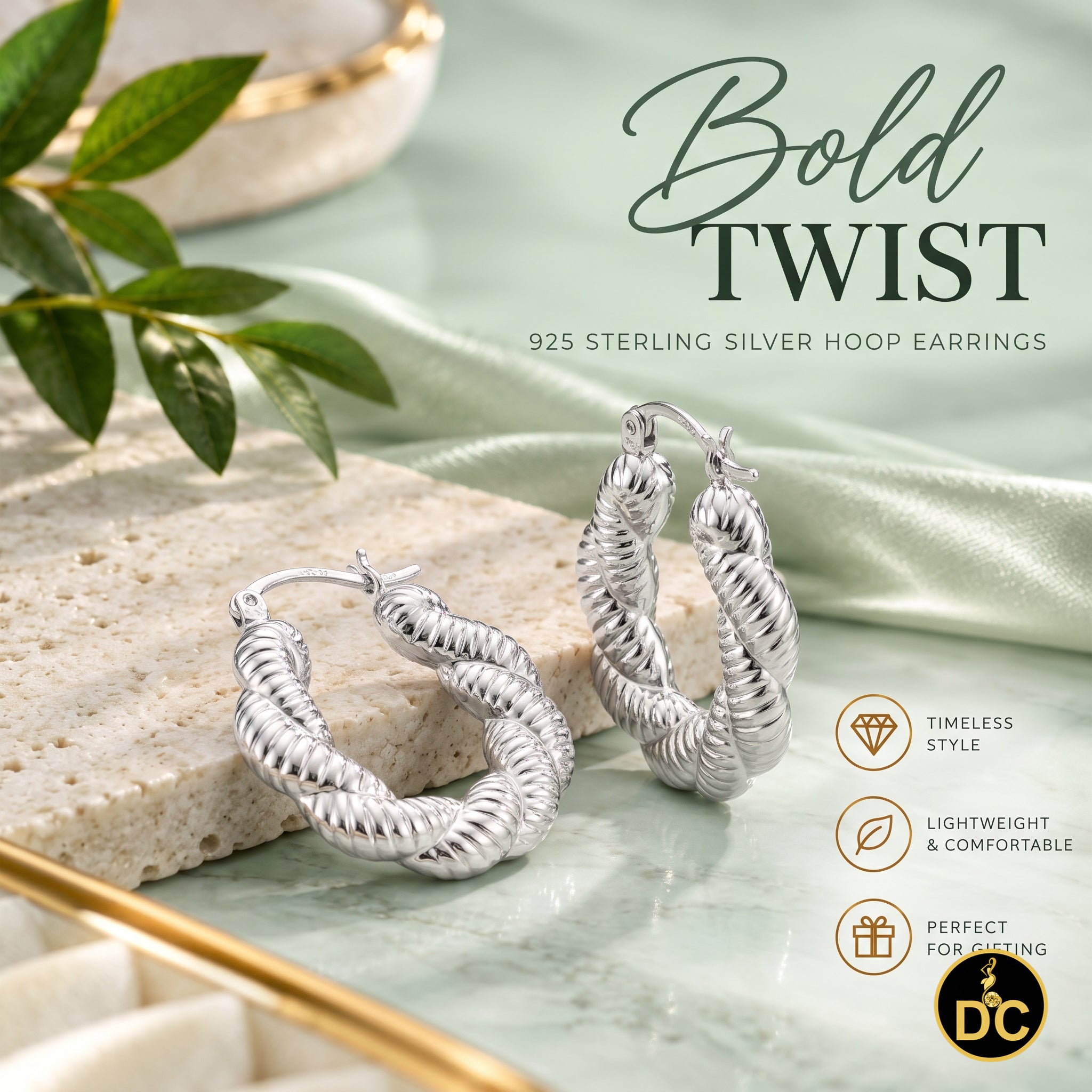 925 Sterling Silver Clasic Ribbed Twisted Rope/Braided Shrimp 19mm Hoop Earring