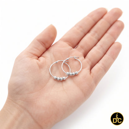 925 Silver Textured Diamond cut Chevron-Pattern Sliding Bead 27mm Hoop Earring
