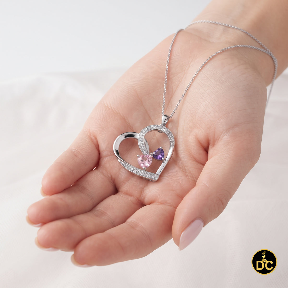 DiamondCelebritees  925 White Silver Double-Loop Open Heart W/Pink & Purple 0.01ct Diamond Pendant