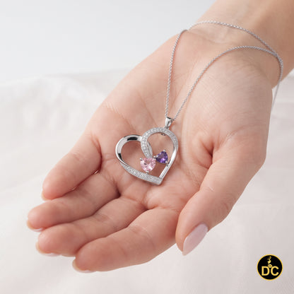 DiamondCelebritees  925 White Silver Double-Loop Open Heart W/Pink & Purple 0.01ct Diamond Pendant