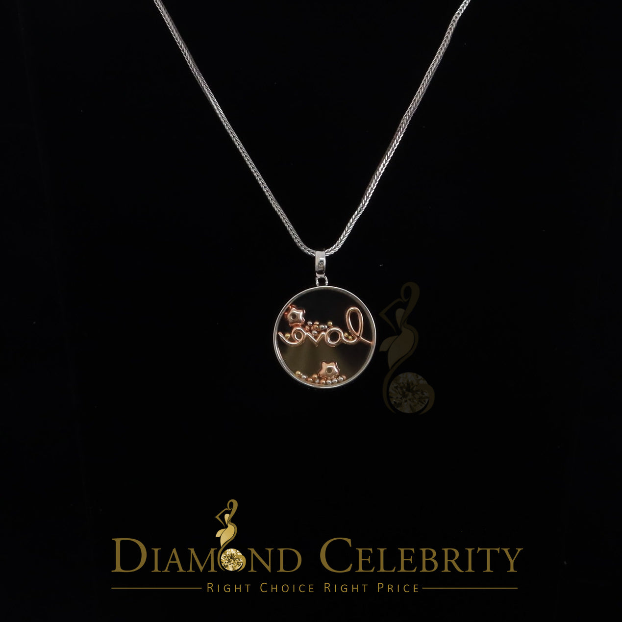 DiamondCelebritees Beautiful White Sterling Silver Charming LOVE Round Pendant with Cubic Zirconia