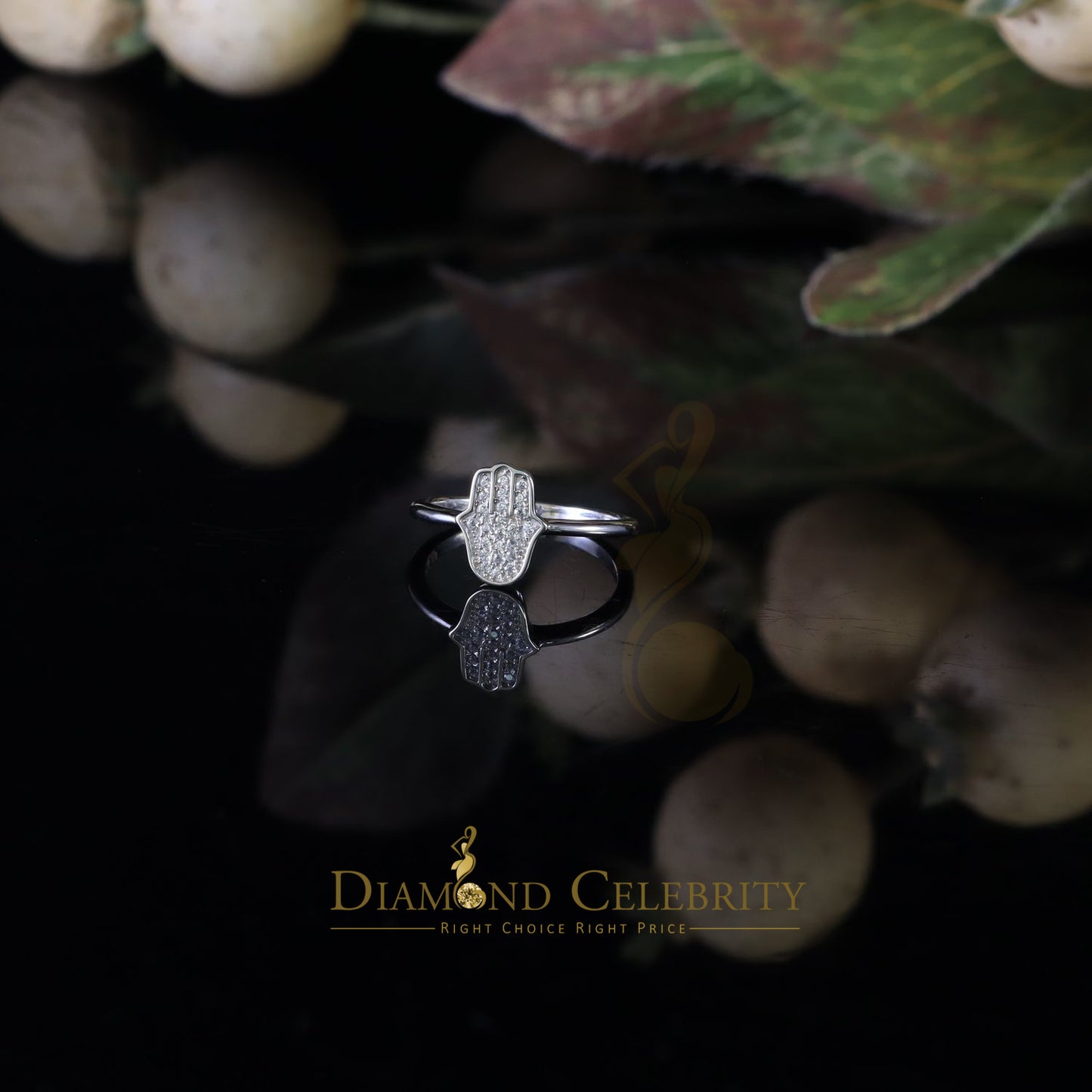 DiamondCelebritees 925 Sterling White Silver Shiny Hamsa 0.40ct Cubic Zirconia Women's Ring Size 6