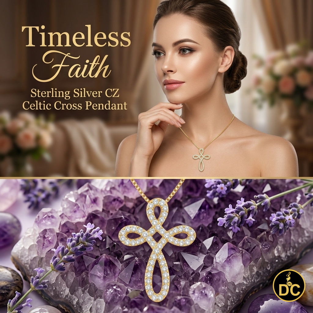 DiamondCelebritees 925 Silver Yellow 1inch Infinity-Style Openwork Pendant W/ 1.25ct Cubic Zirconia