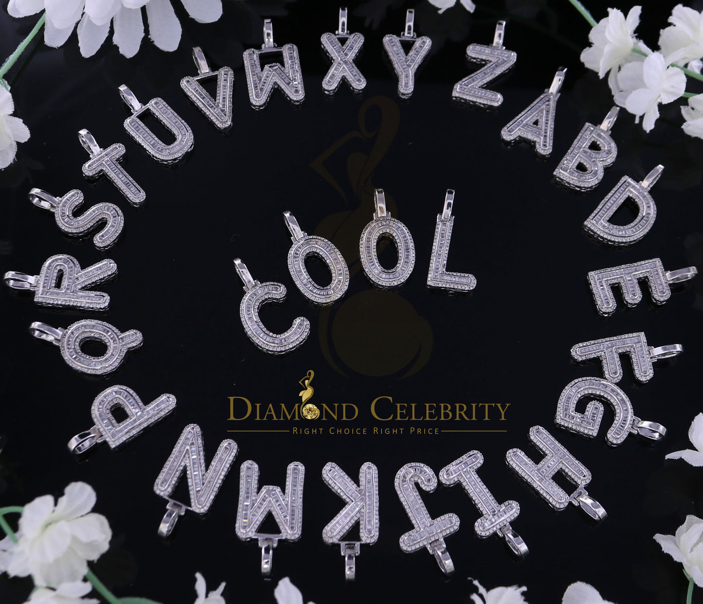 DiamondCelebritees White Bugutte Initial All Alphabet Sterling Silver Pendant with Cubic Zirconia