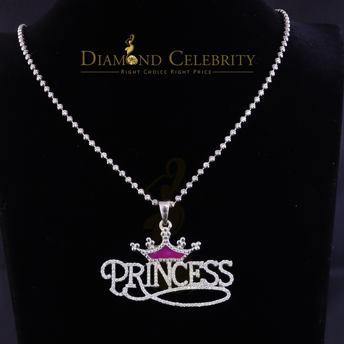 Diamondcelebritees  3ct Real Moissanite 925 Silver "PRINCESS" with Pink Enamel crown White Pendant