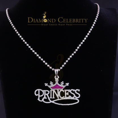 Diamondcelebritees  3ct Real Moissanite 925 Silver "PRINCESS" with Pink Enamel crown White Pendant