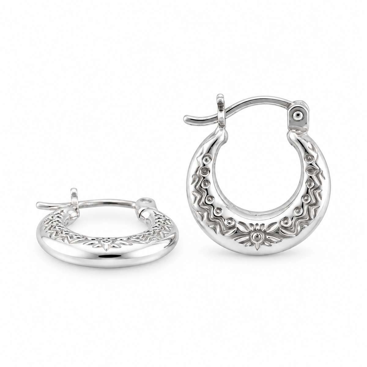 925 Sterling Silver Vintage or Ethnic-Style Filigree Floral 15mm Hoop Earrings