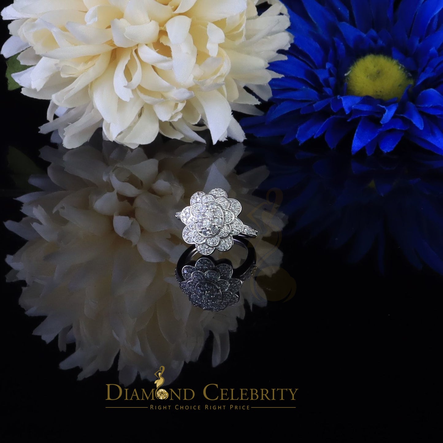 DiamondCelebritees 925 Sterling Silver White 2.10ct Cubic ZirconiaWide Flower Womens Ring Size7.5