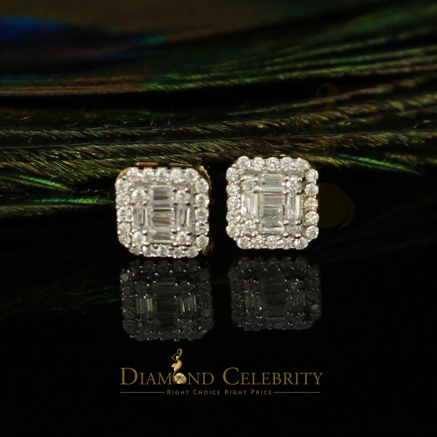 DiamondCelebritees  925 Yellow Silver 0.64ct Cubic Zirconia Women's & Men's Hip Hop Square Earrings