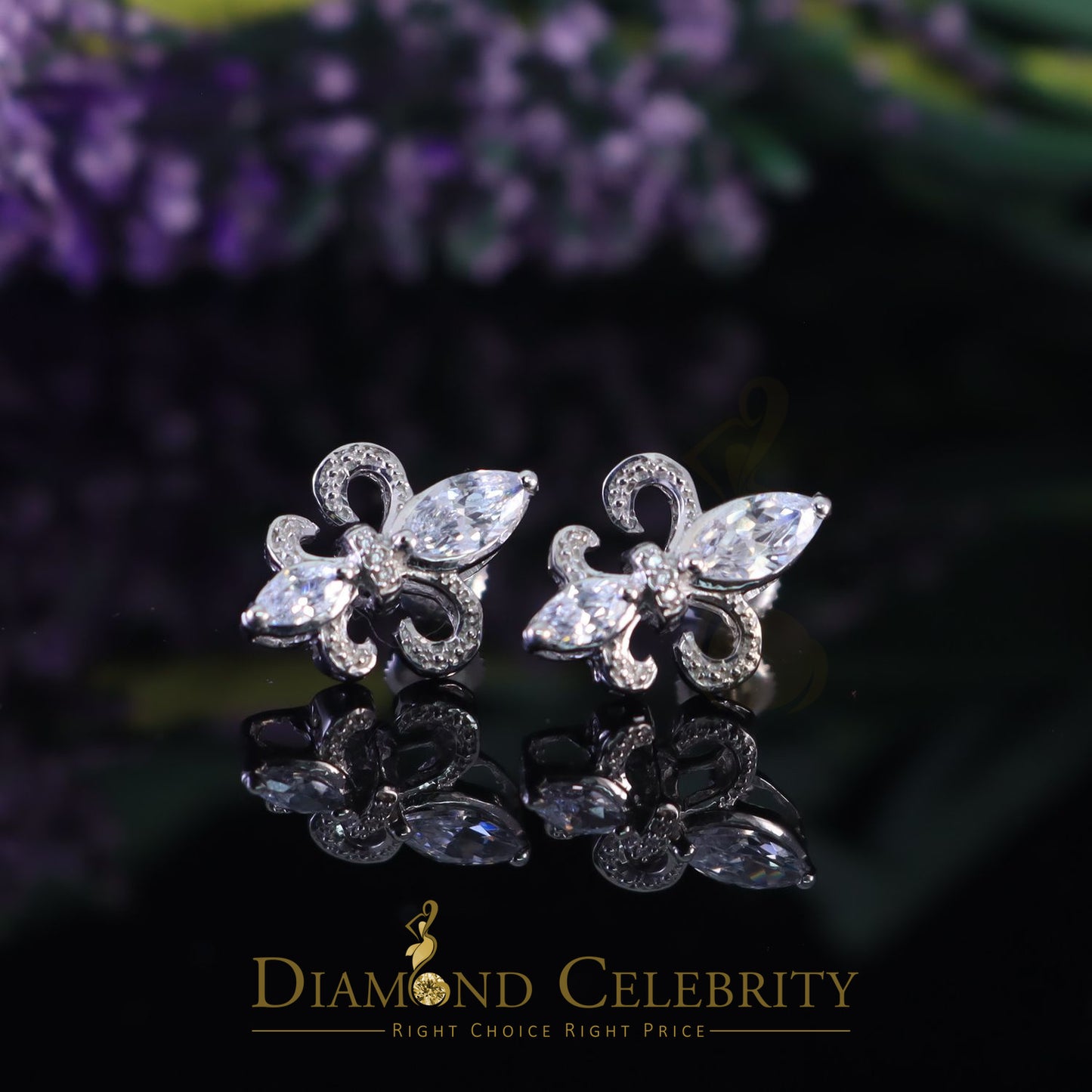 DiamondCelebritees  925 White Silver Womens Fleur de Lis Screw Back 2.43ct Cubic Zirconia Earrings