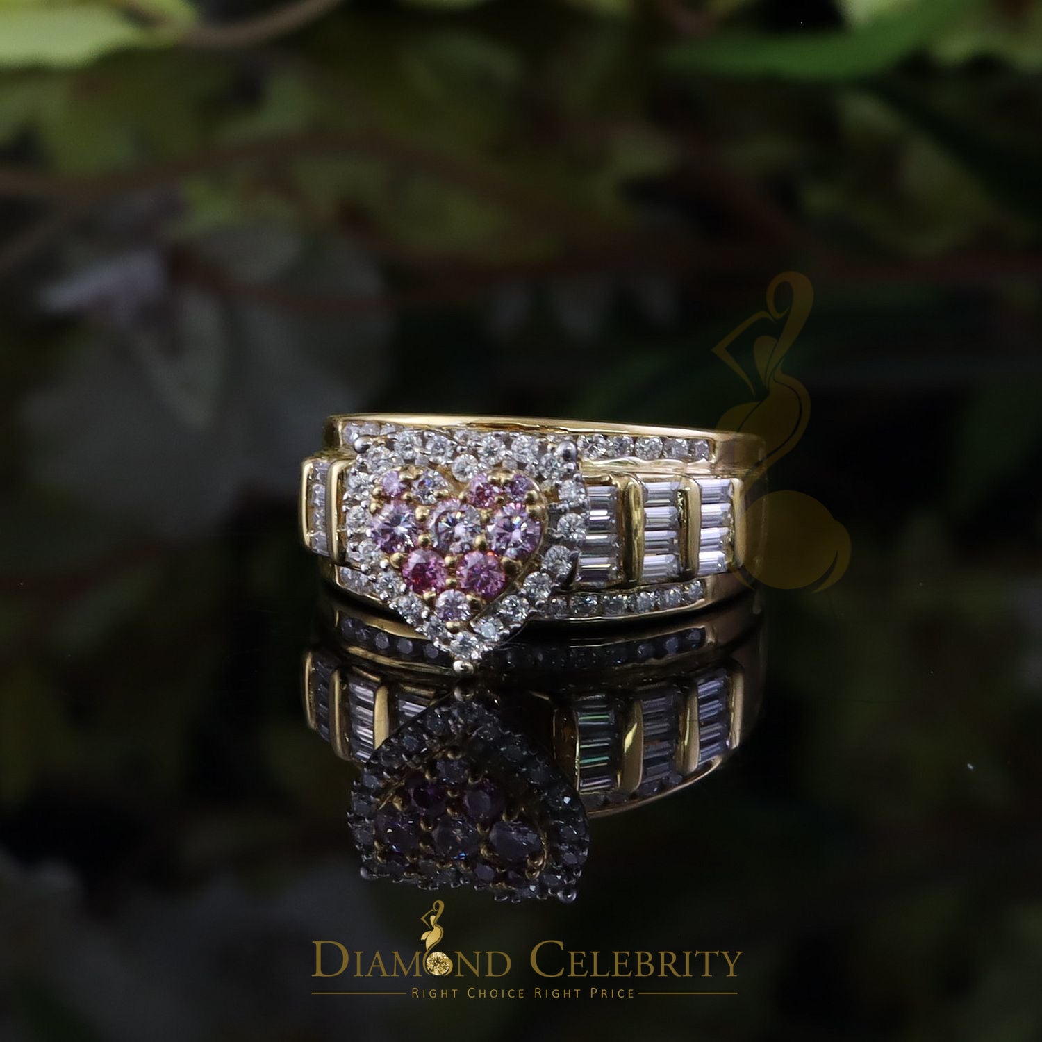 DiamondCelebritees Women 2.50ct 925 Silver VVS 'D' Pink Moissanite Yellow Cinderella HEART Ring SZ 7