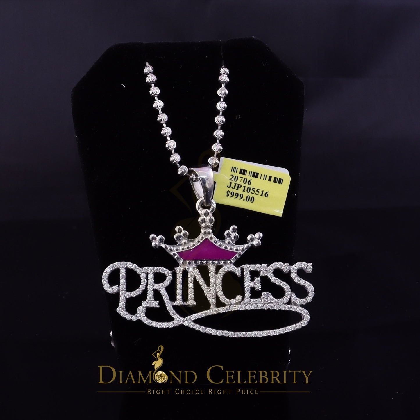 Diamondcelebritees  3ct Real Moissanite 925 Silver "PRINCESS" with Pink Enamel crown White Pendant