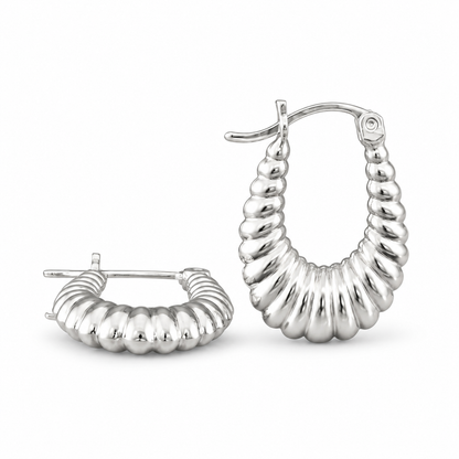 925 Silver 14mm Textured U-hoop or shrimp-style earrings with a ribbed pattern