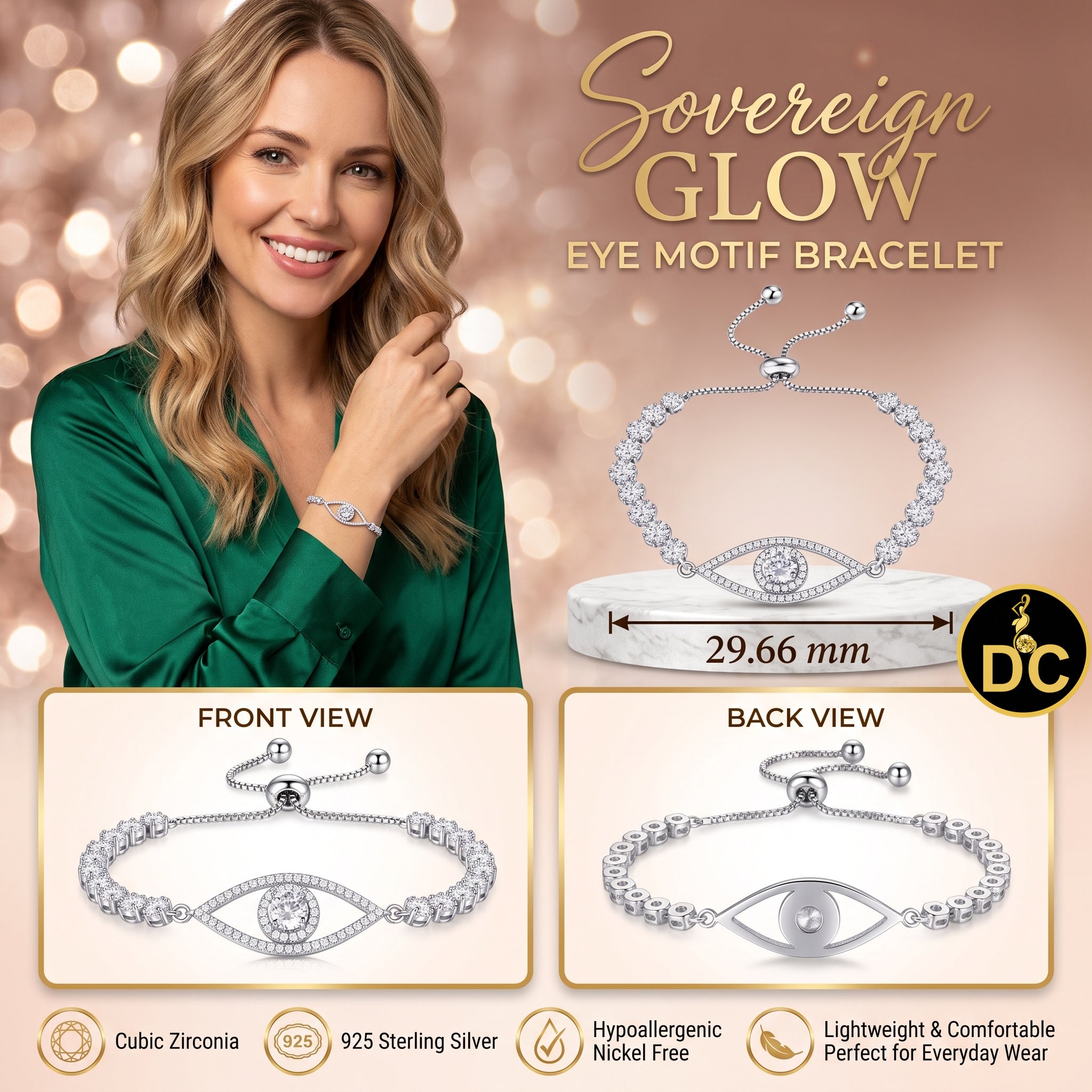 Diamondcelebritees White 925 Silver Eye Shape Bracelet Cubic Zirconia Adjustable Size 7 Inches
