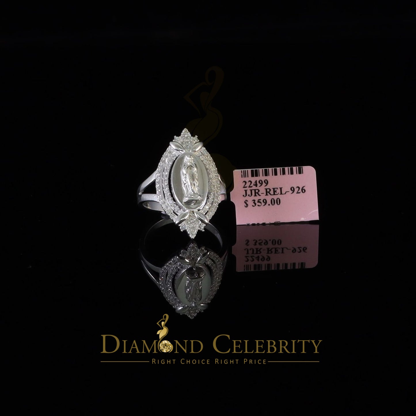 DiamondCelebritees 925 Silver White CZ Stone Blessed Virgin Mary Miraculous Medal Women Ring SZ 8