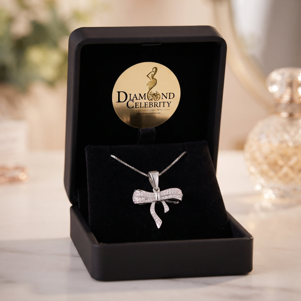 DiamondCelebritees  925 Sterling Silver Real 0.05CT Diamond Ribbon Bow White 18mm Necklace Pendant