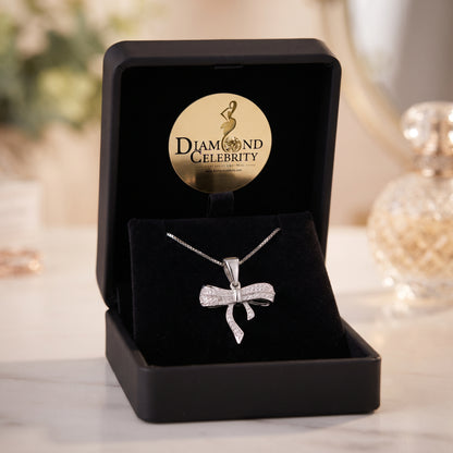 DiamondCelebritees  925 Sterling Silver Real 0.05CT Diamond Ribbon Bow White 18mm Necklace Pendant
