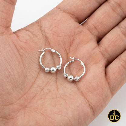925 Silver Textured Diamond cut Chevron-Pattern Sliding Bead 19mm Hoop Earring