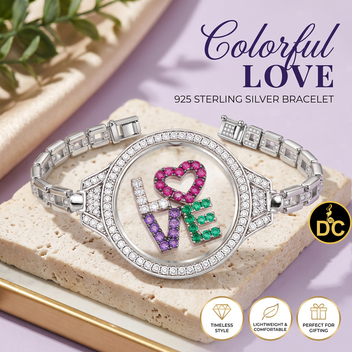 Diamondcelebritees 925 Sterling Silver White Bracelet Iced Out Floating Love Cubic Zirconia Size 7