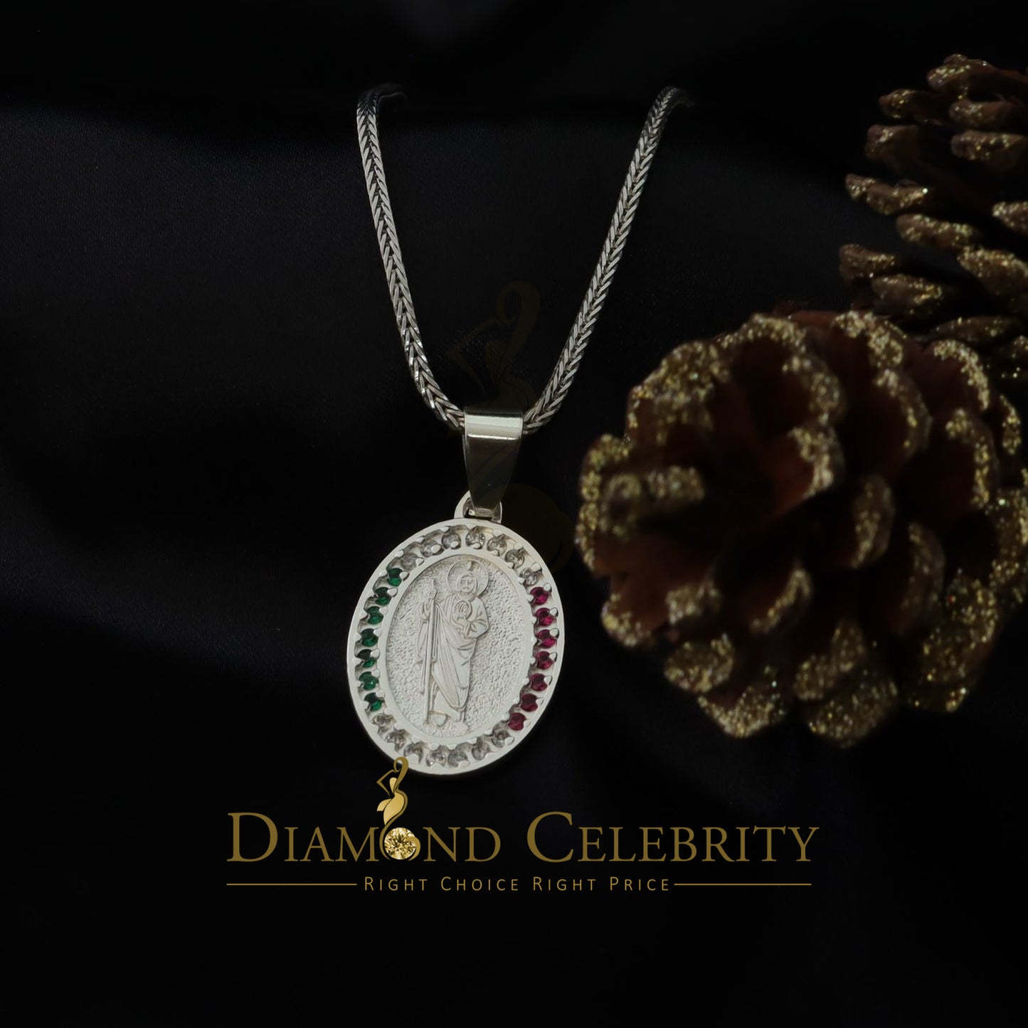 DiamondCelebritees 925 Sterling Silver St.Jude Multi Color CZ Men's/Women's Pendant White Religious