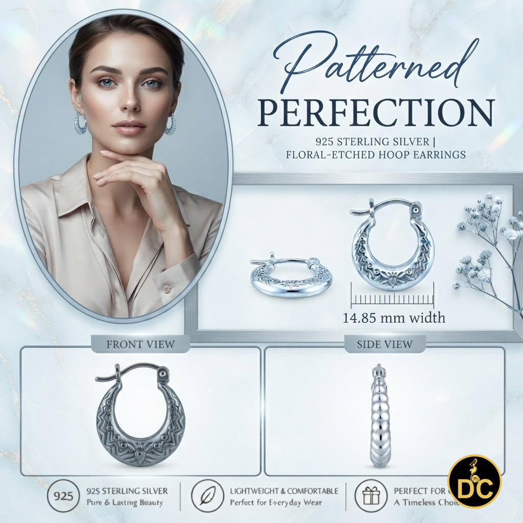 925 Sterling Silver Vintage or Ethnic-Style Filigree Floral 15mm Hoop Earrings