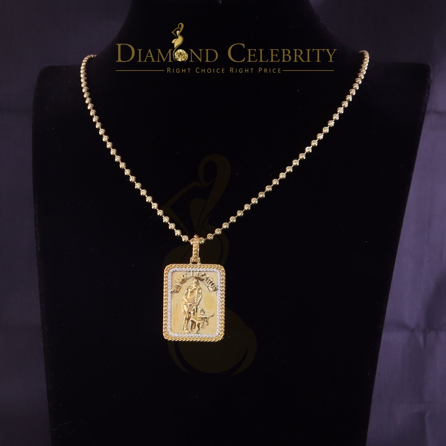 DiamondCelebritees Men's 925 Silver 0.66ct CZ ST LAZARUS "1" inch 3D look Yellow Square Pendant