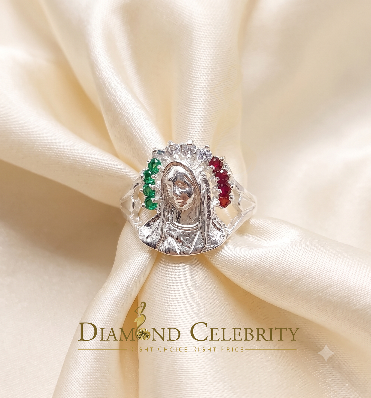 DiamondCelebritees Religious White 925 Silver Cubic Zirconia Mother Mary Face Women's Ring Size 7