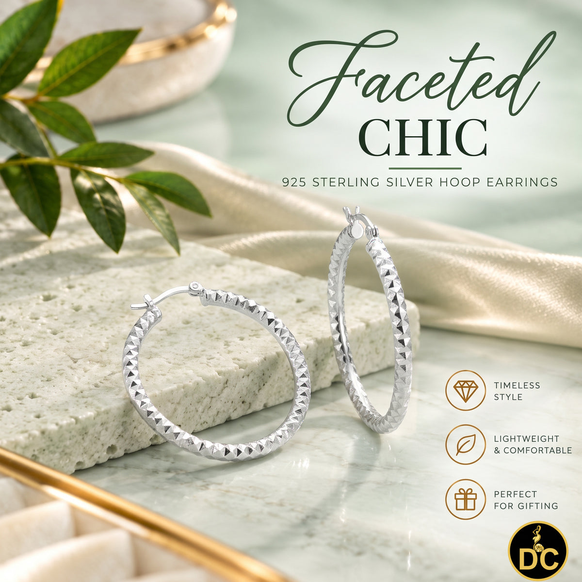 925 Sterling Silver Diamond-Cut Shimmering Honeycomb Textured 19mm Hoop Earrings