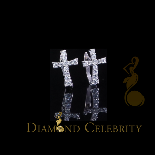 DiamondCelebritees  925 Silver Round Shape White Hip Hop Cross Stud Earrings 22 CZ Stones for Womens