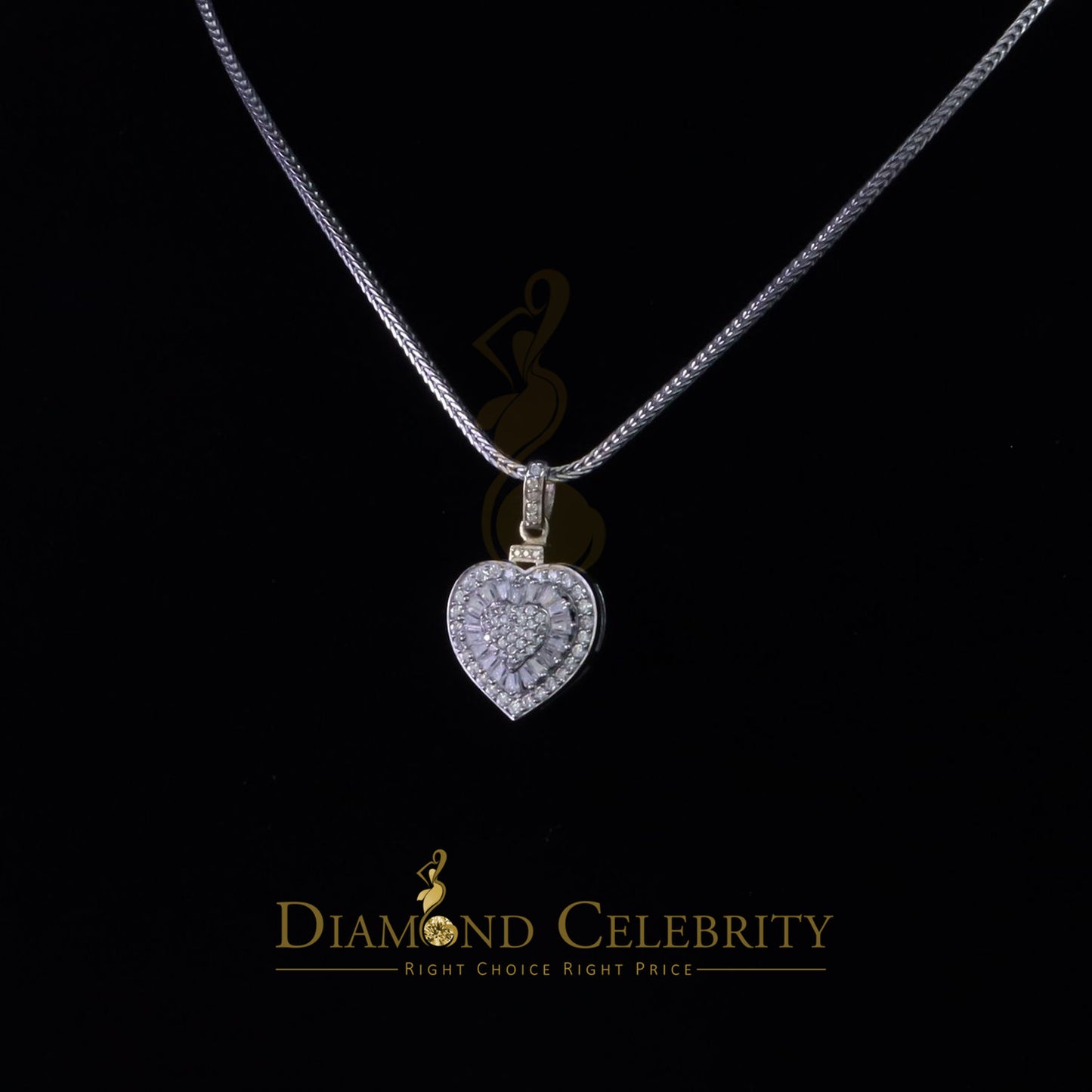 Diamondcelebritees  Women's White 925 Silver 1.00ct Moissanite Baguette & Round Heart Pendant